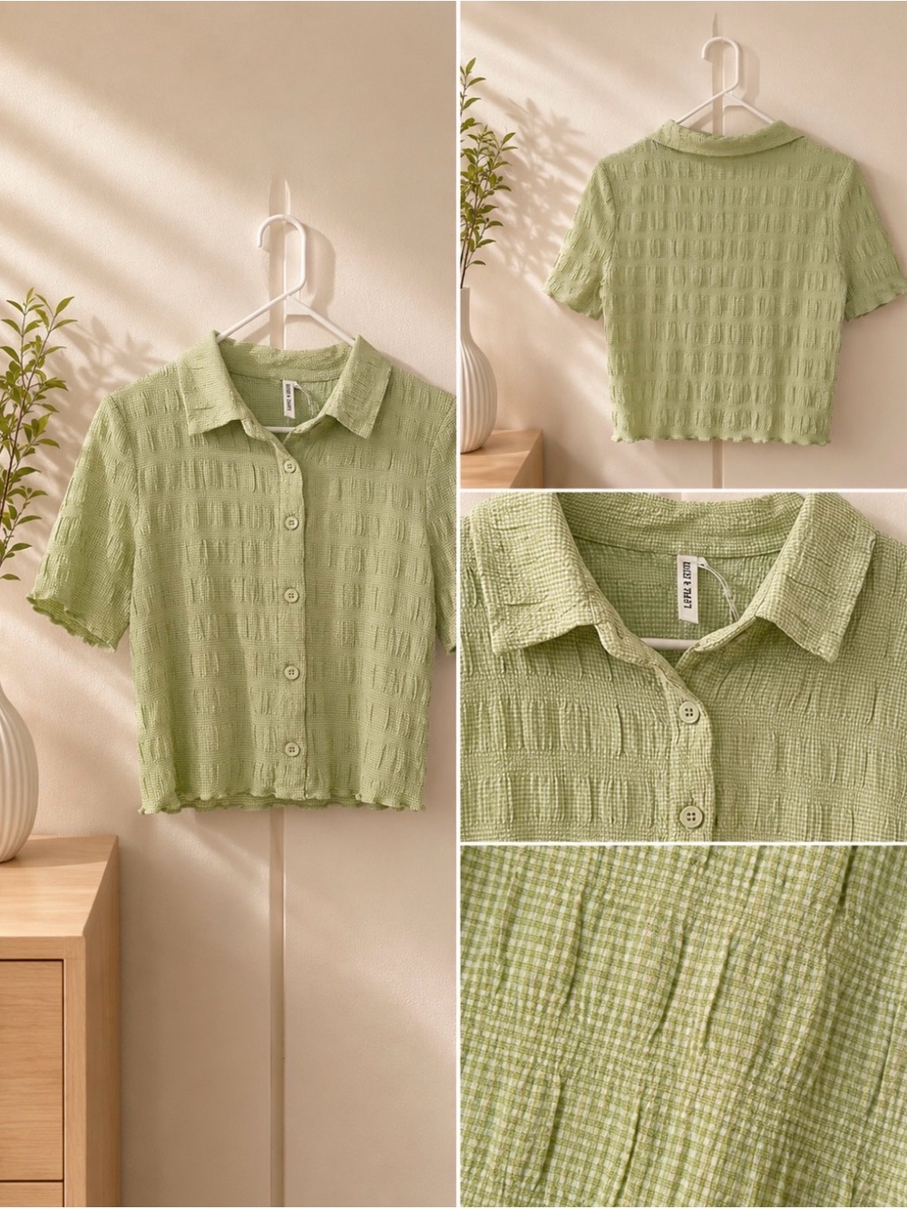 Light Green Textured Button-Front Women's Top Crop